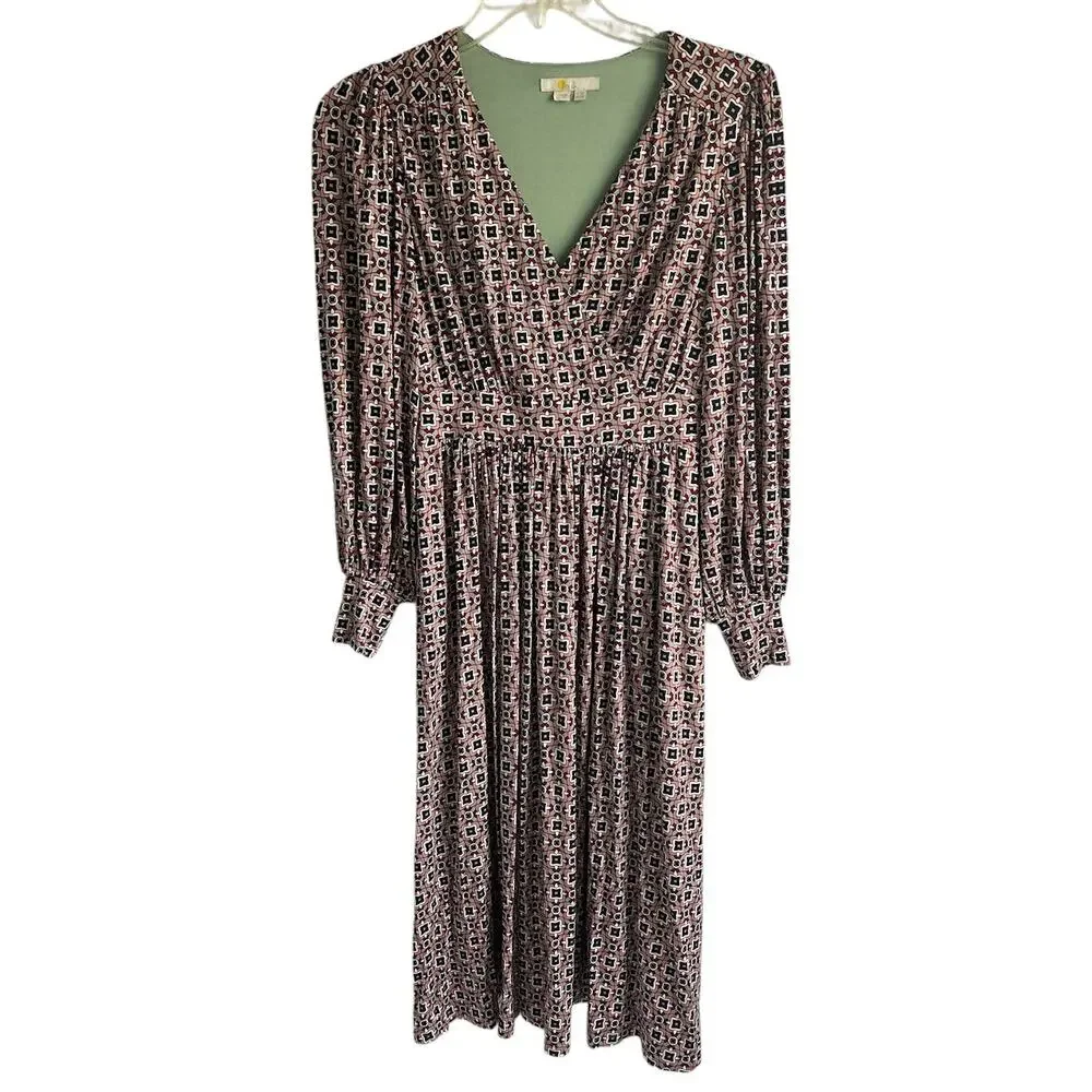 Boden Women’s Size 4R Fixed Wrap Jersey Midi Dress Almond Pink Square Geo Print‎